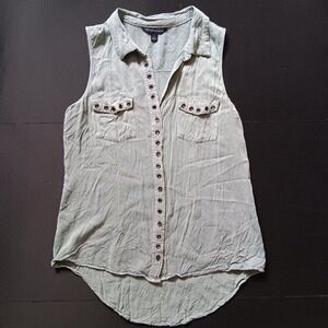 Rock & Republic Gorgeous  sleeveless button up rayon shirt Sz M Olive Green Stud